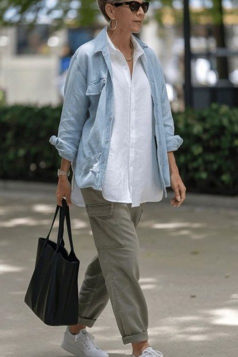 Chambray Shirt with Olive Pants and Sneakers - casual outfit for women over 60