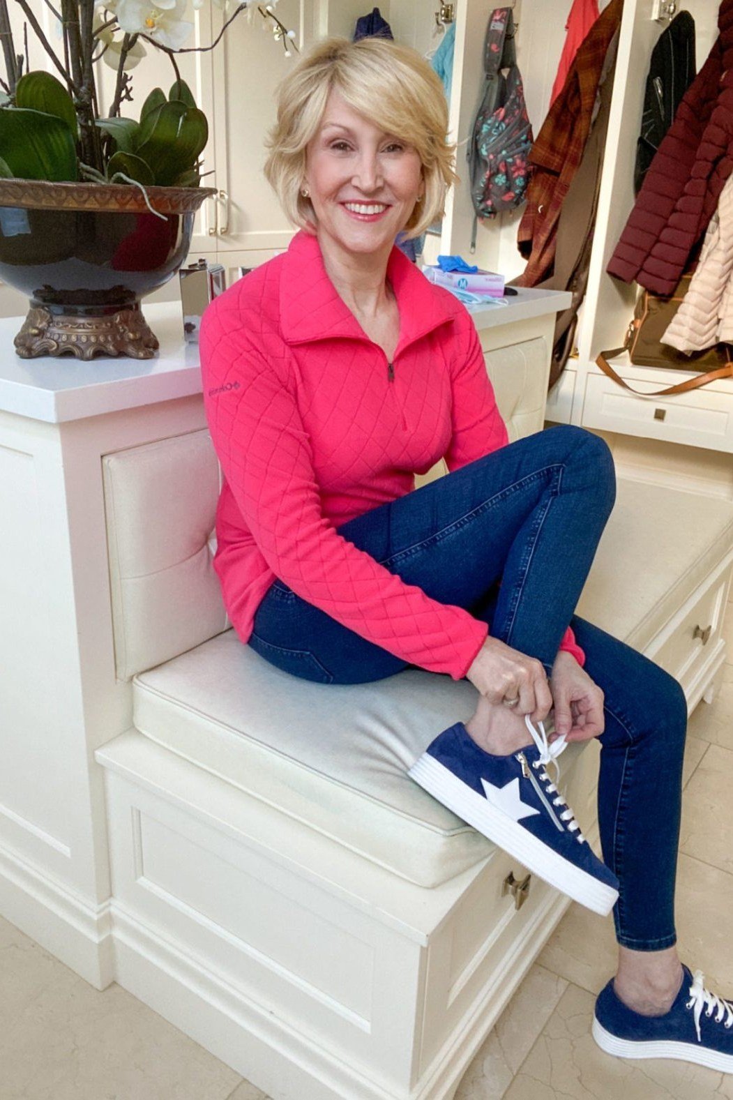 Hot Pink Shirt with Dark Jeans - casual outfit for women over 60