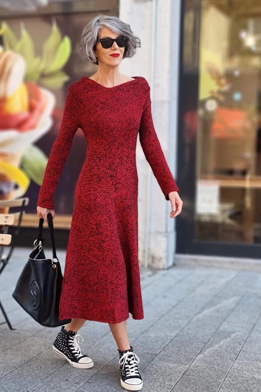 Red Lace Dress with Black Sneakers - casual outfit for women over 60