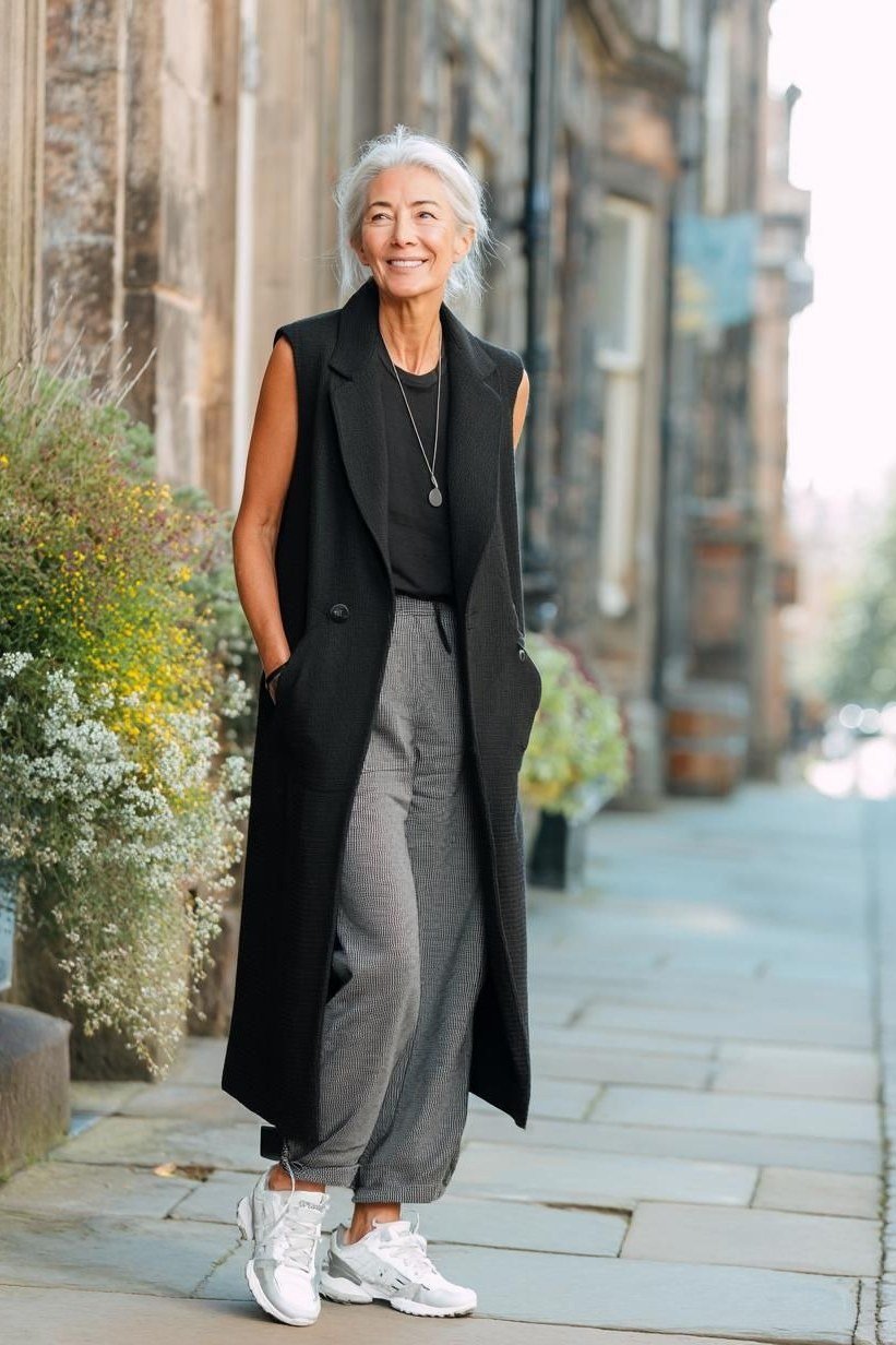 Long Black Vest with Grey Joggers - casual outfit for women over 60
