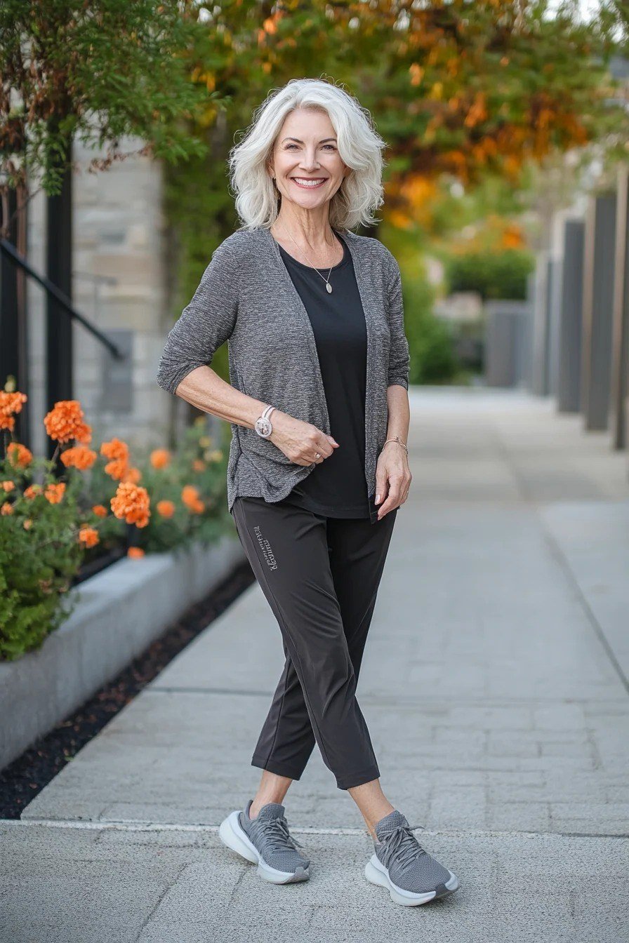 Grey Cardigan with Dark Tee and Dark Pants - casual outfit for women over 60