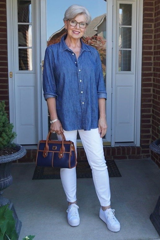 Chambray Shirt with White Jeans and Sneakers - casual outfit for women over 60