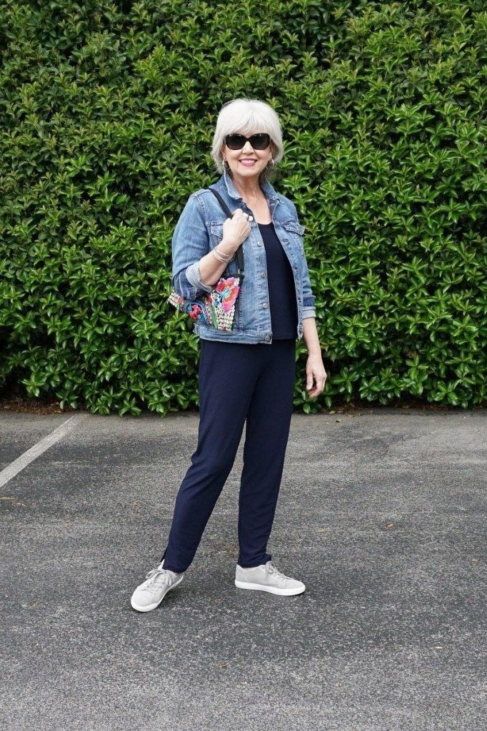 Denim Jacket with Dark Jeans and Sneakers - casual outfit for women over 60