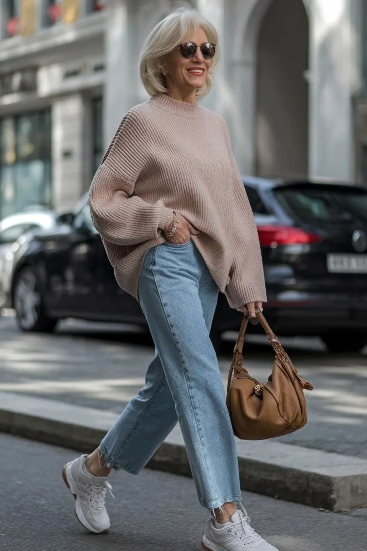Blush Sweater with Light-Wash Jeans - casual outfit for women over 60