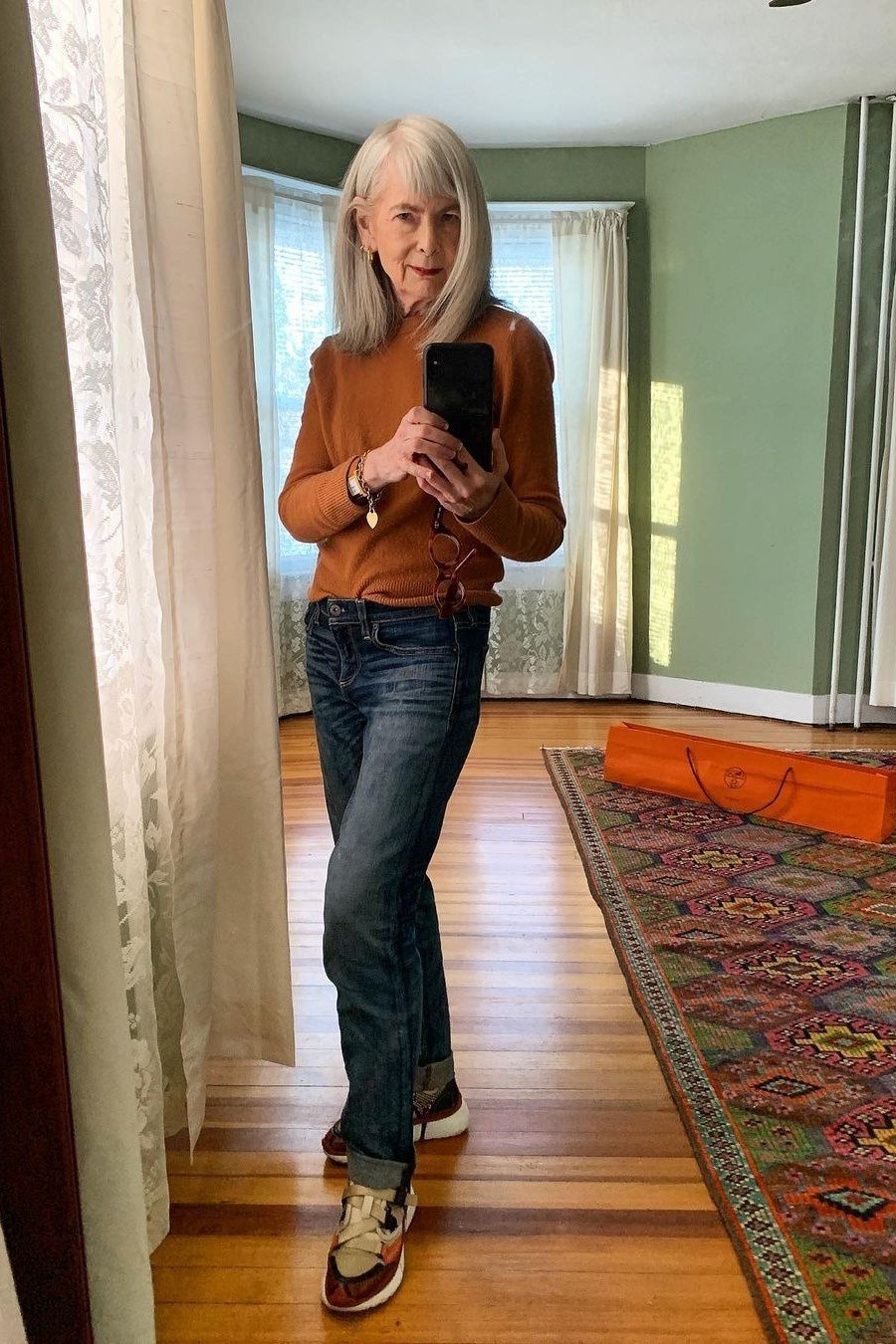 Rust Sweater with Dark Jeans - casual outfit for women over 60