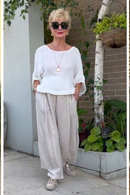 White Top with Beige Linen Pants - casual outfit for women over 60