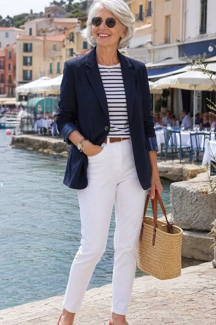 Navy Blazer with Striped Tee and White Jeans - casual outfit for women over 60