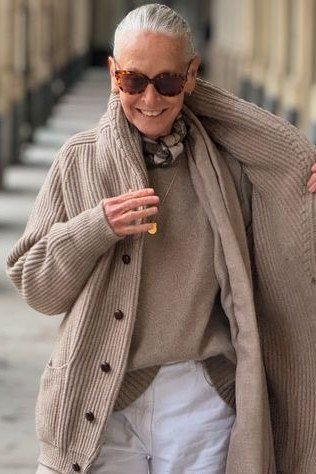 Taupe Cardigan with White Jeans - casual outfit for women over 60
