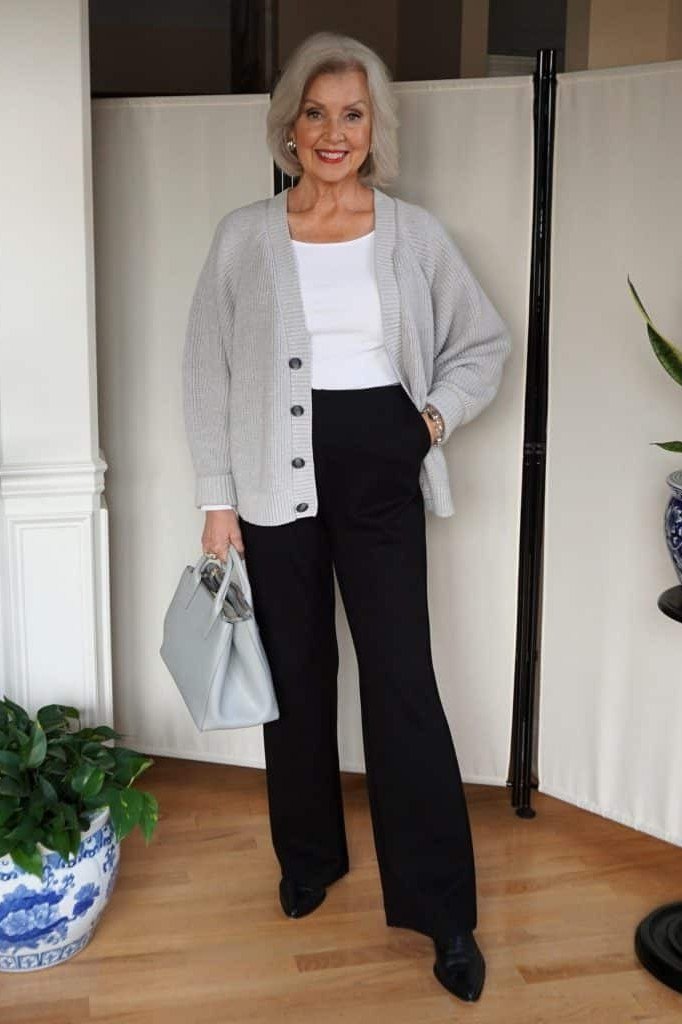 Grey Cardigan with Black Wide-Leg Pants - casual outfit for women over 60