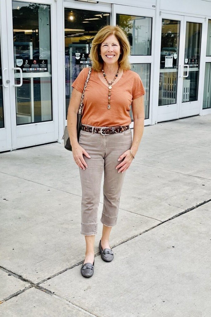 Coral Top with Beige Capris - casual outfit for women over 60