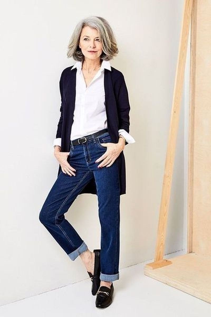 Black Cardigan with White Shirt and Jeans - casual outfit for women over 60