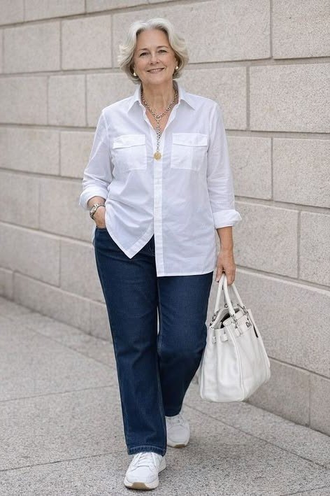 White Shirt with Dark Jeans and Sneakers - casual outfit for women over 60