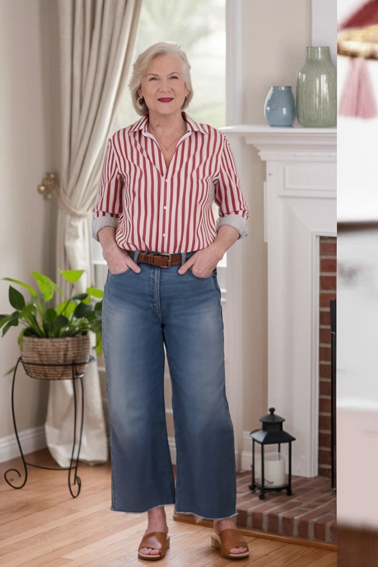 Striped Shirt with Wide-Leg Jeans - casual outfit for women over 60