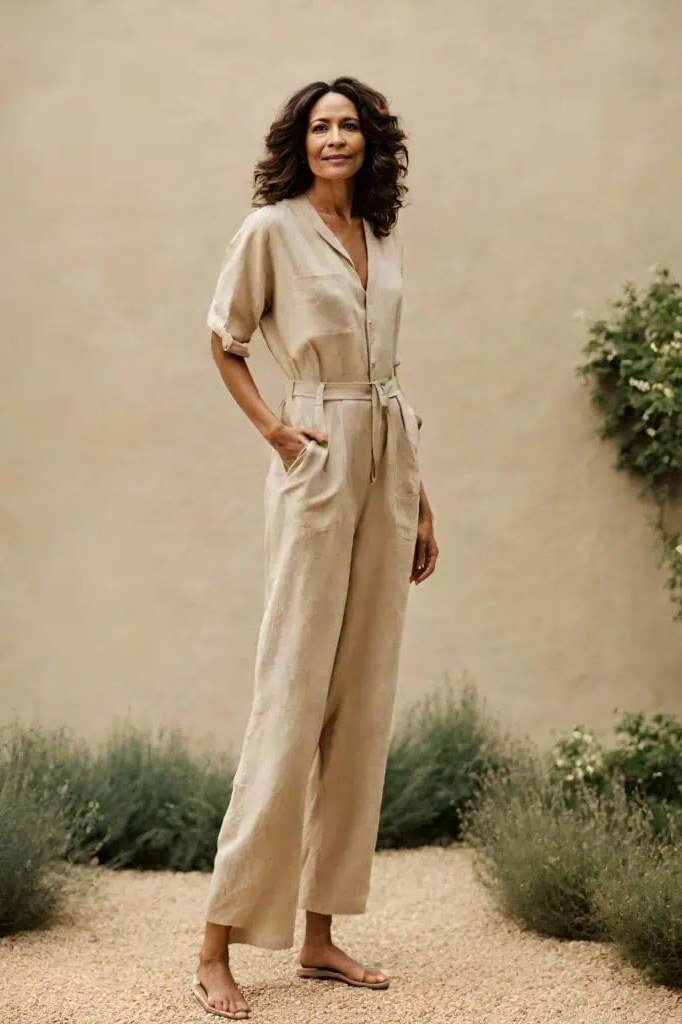 Beige Short-Sleeve Jumpsuit - casual outfit for women over 60