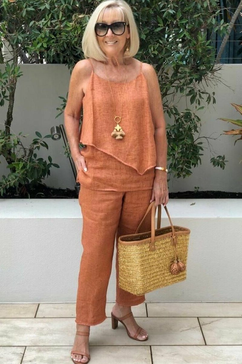 Rust Linen Set with Straw Tote - casual outfit for women over 60