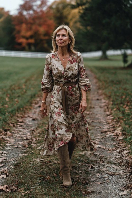 Floral maxi dress with tan boots casual fall outfit for women over 40