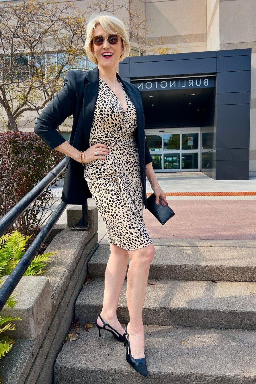Black blazer over leopard dress with heels casual city outfit for women over 40