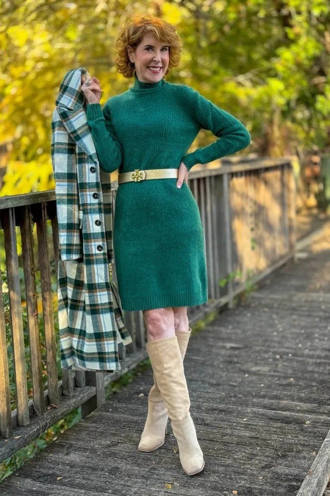 Teal sweater dress with plaid scarf and cream boots casual outfit for women over 40