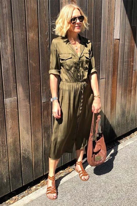 Olive shirt dress with sandals and brown bag casual outfit for women over 40
