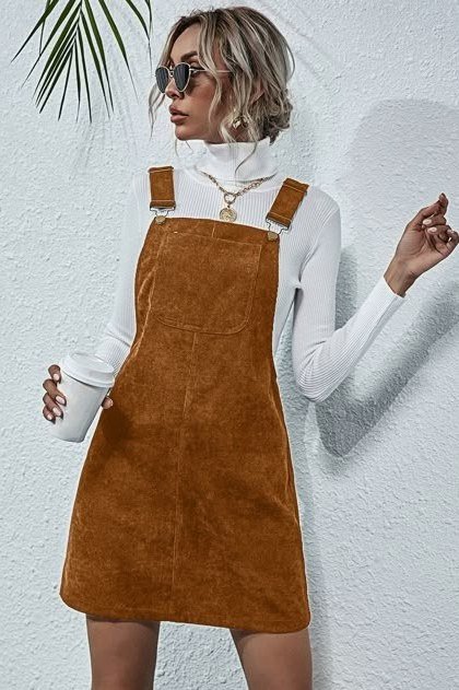 White turtleneck with brown suede pinafore dress casual outfit for women over 40