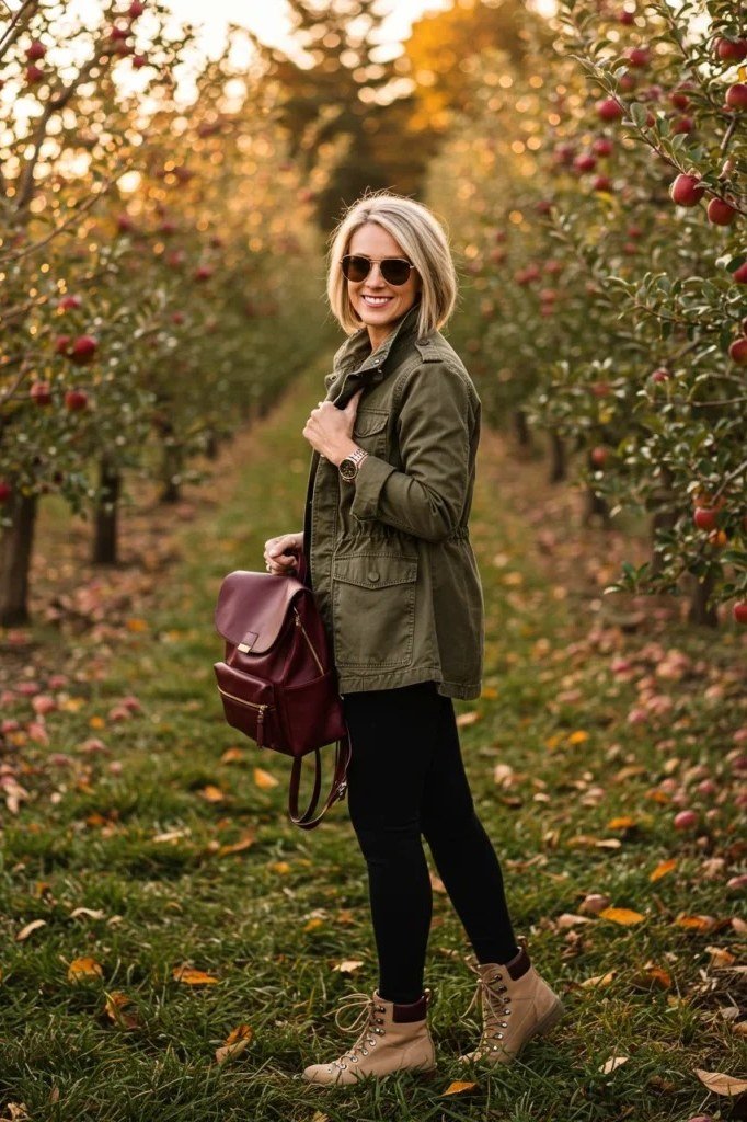 Olive utility jacket with black pants and tan boots casual orchard outfit for women over 40