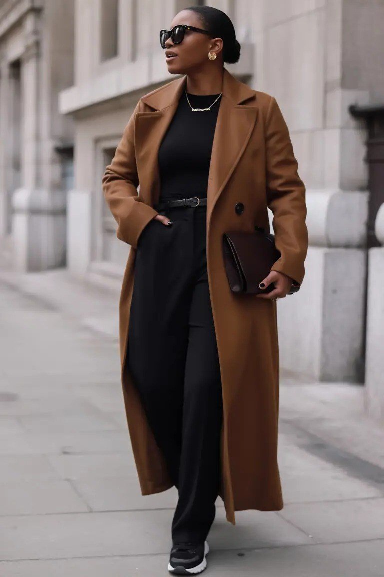 Camel coat over black outfit with sunglasses casual street style for women over 40
