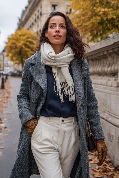 Grey coat with white scarf and white pants casual outfit for women over 40
