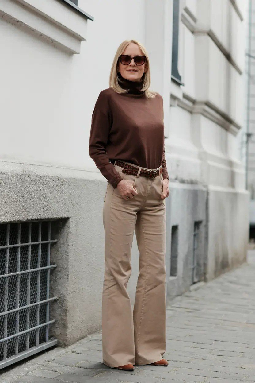Brown turtleneck with beige wide-leg pants casual outfit for women over 40