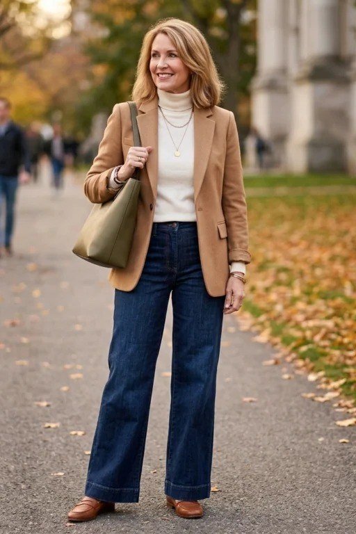Camel blazer with white turtleneck and wide-leg jeans casual park outfit for women over 40