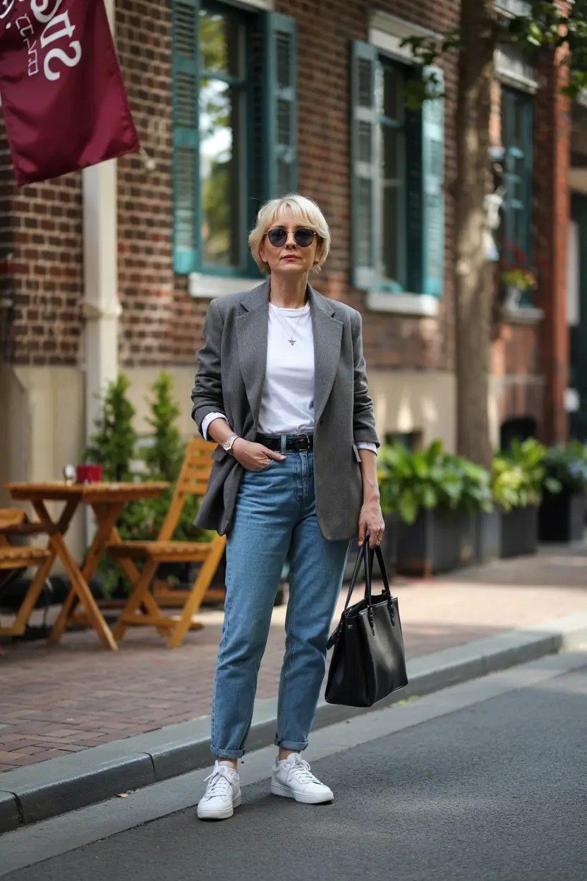 Grey blazer with jeans and white sneakers casual cafe outfit for older women