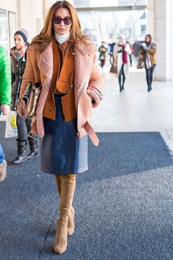 Pink coat with rust top and denim skirt casual outfit for women over 40