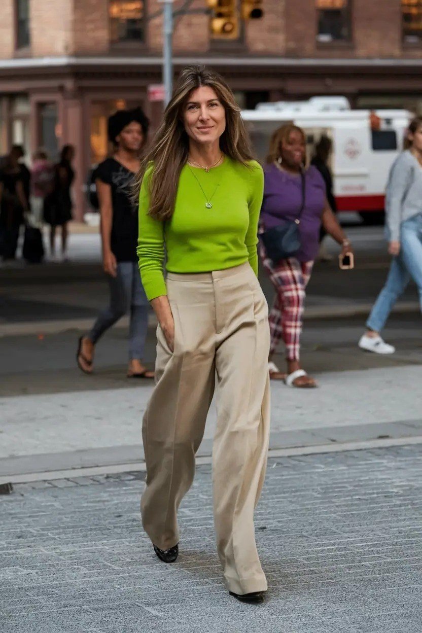 Lime green sweater with beige wide-leg pants casual street outfit for women over 40
