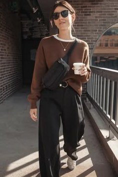 Brown sweatshirt with black wide-leg pants casual outfit for women over 40