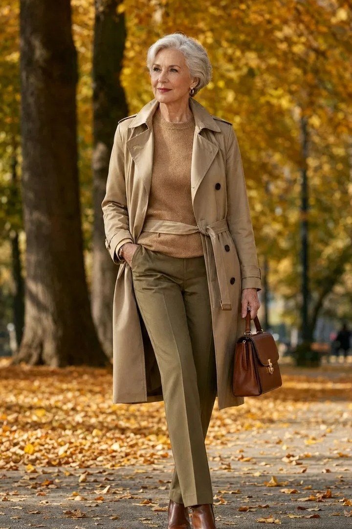 Tan trench coat with olive pants and brown bag casual fall outfit for women over 40