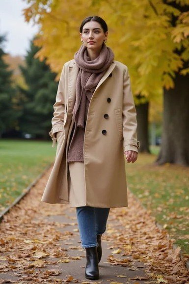 Camel coat with mauve scarf and jeans casual autumn outfit for women over 40
