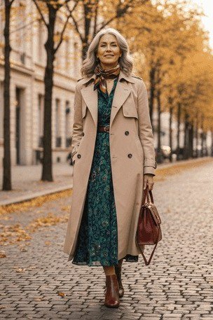 Trench coat over green floral dress with brown boots casual outfit for women over 40