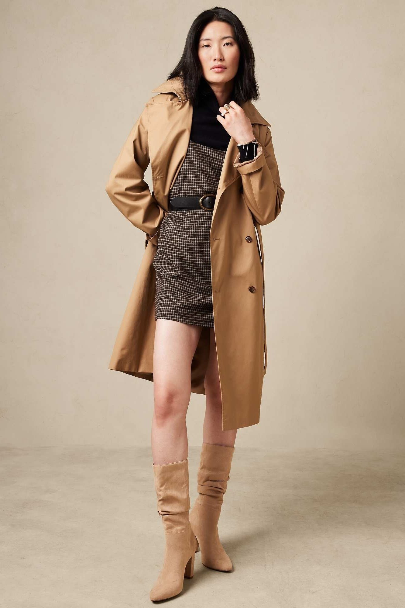 Camel coat over brown dress with tan boots casual chic outfit for women over 40
