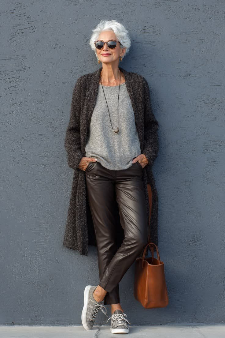 Grey cardigan with brown leather pants and sneakers casual outfit for older women