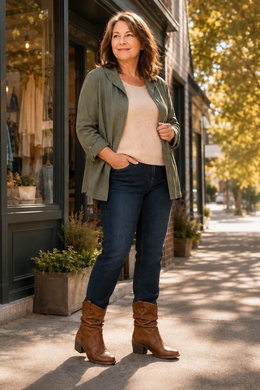 Olive jacket with blush top and dark jeans casual storefront outfit for women over 40