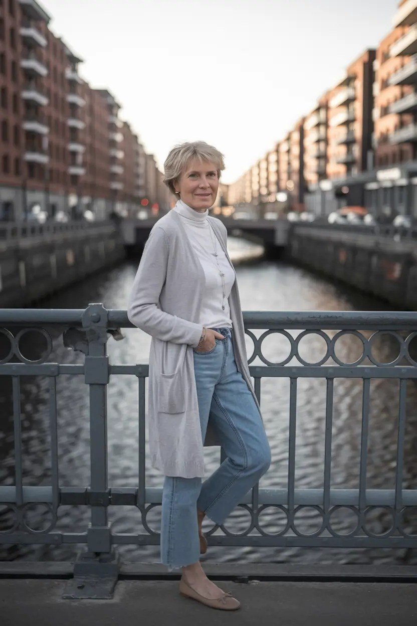 Grey cardigan with light-wash jeans and tan flats casual outfit for older women