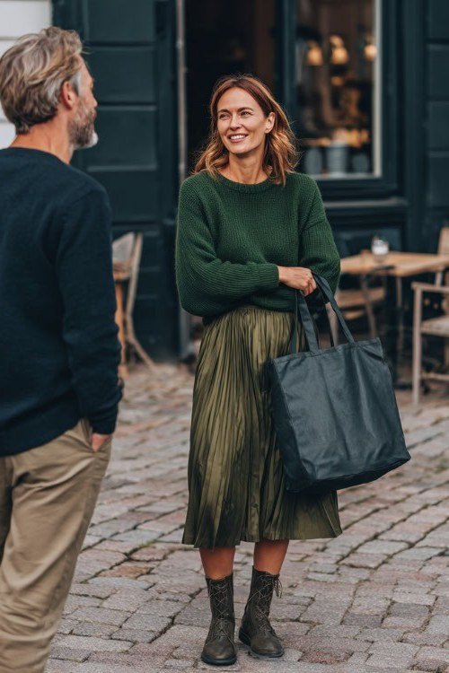 Green sweater with green pleated skirt and boots casual outfit for women over 40