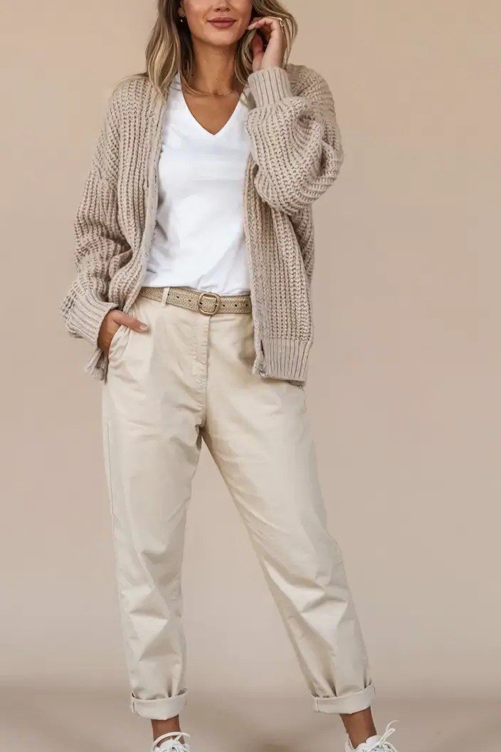 Grey long cardigan with white shirt and black pants casual indoor outfit for women over 40