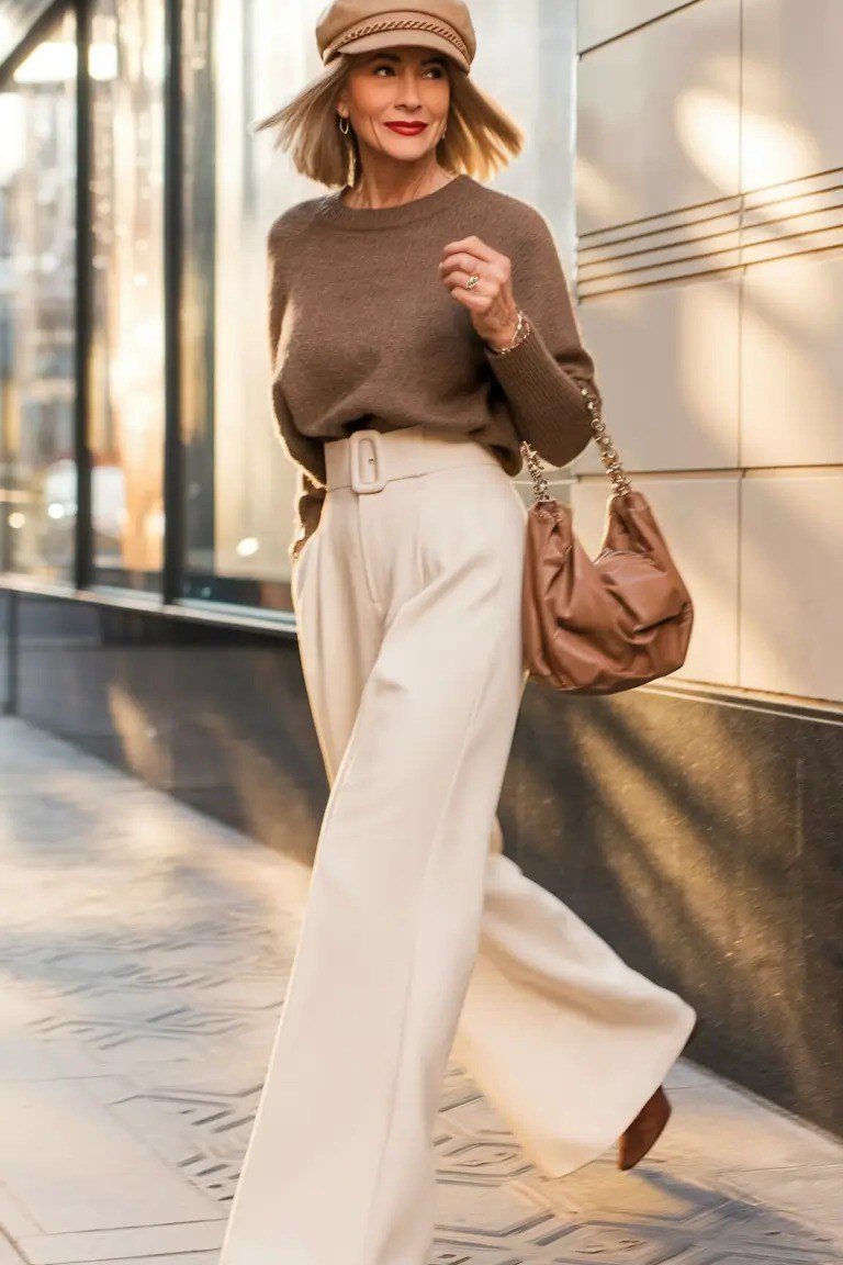 Brown sweater with cream wide-leg pants and tan bag casual outfit for women over 40