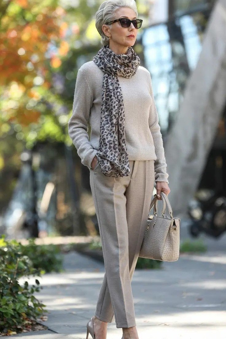 Grey knit outfit with leopard scarf and sunglasses casual street style for women over 40