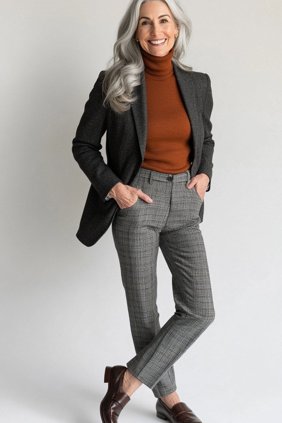 Black blazer with rust turtleneck and grey plaid pants casual work outfit for women over 40