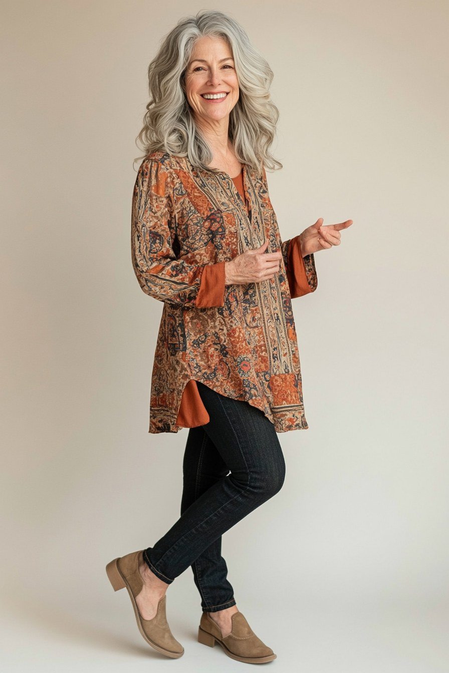 Rust-brown paisley print tunic, black leggings, tan flats, silver hair, casual outfit for women over 50