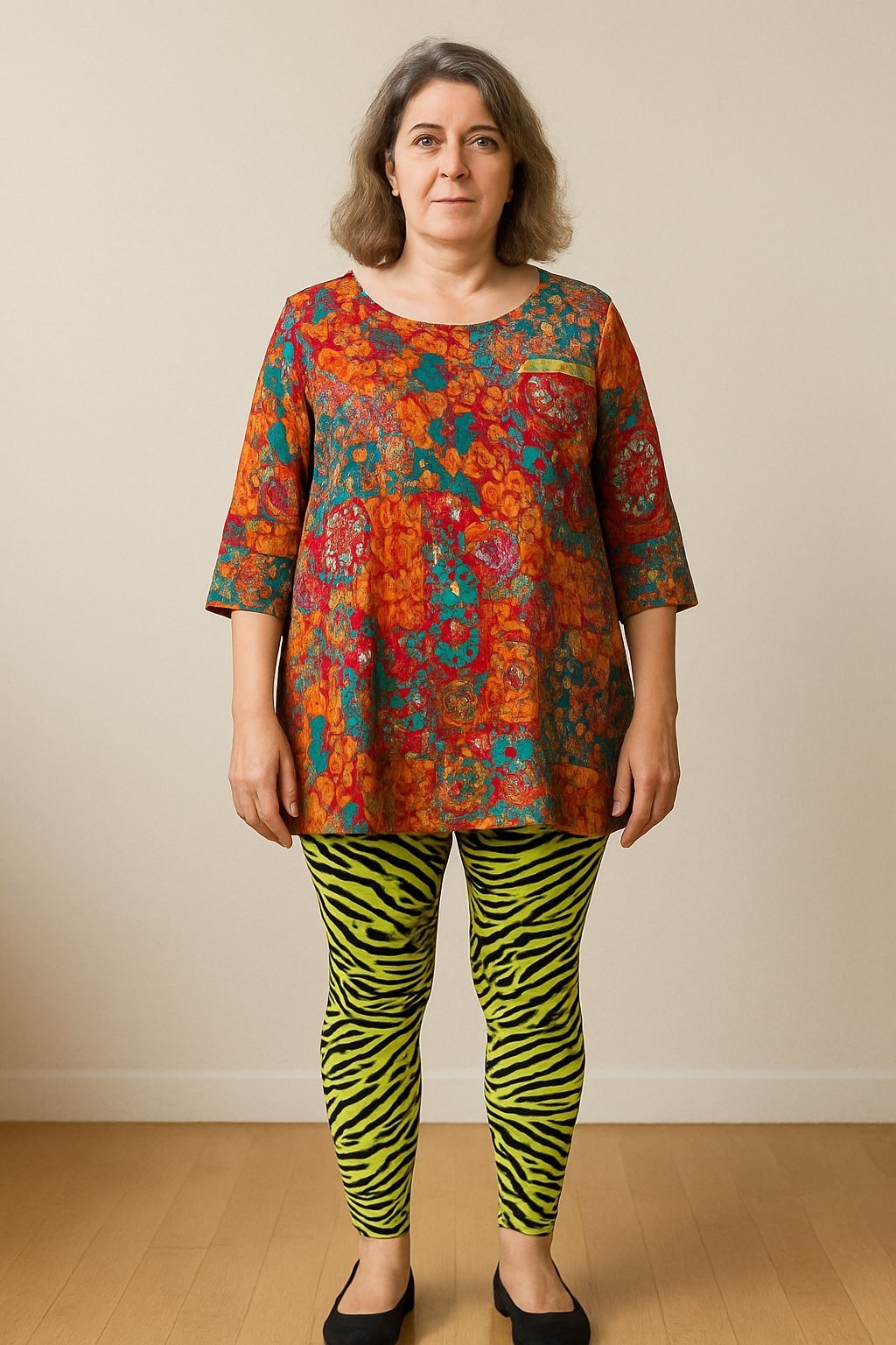 Orange floral tunic, green zigzag leggings, black flats, casual outfit for women over 50