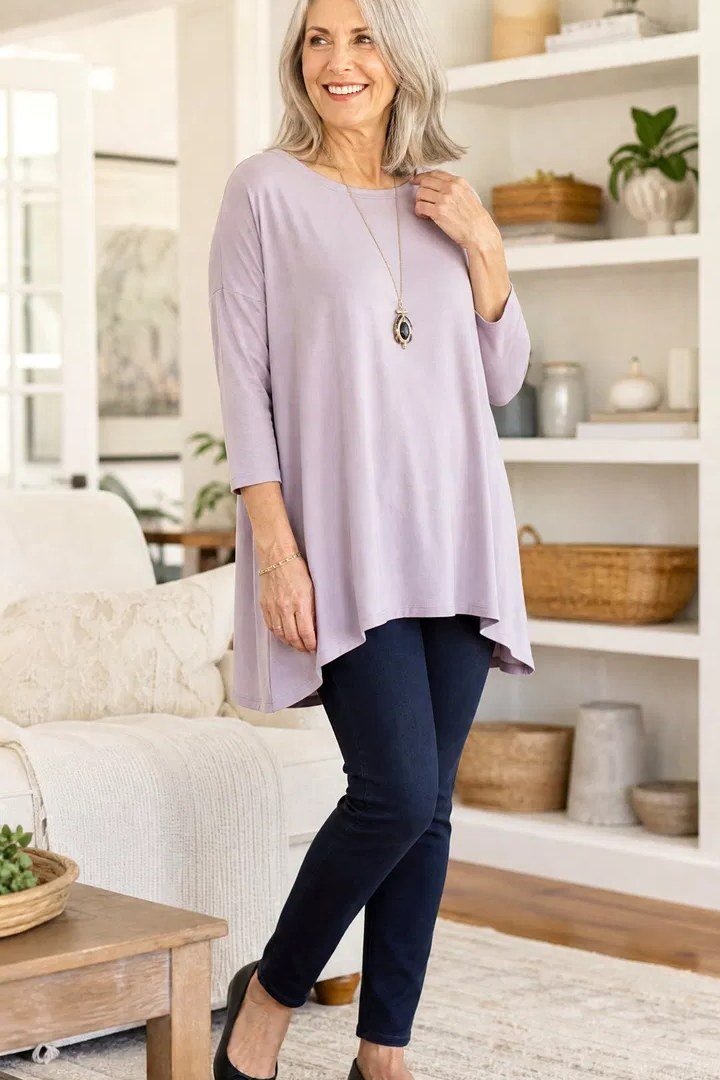 Lavender tunic, dark leggings, black flats, casual outfit for women over 50