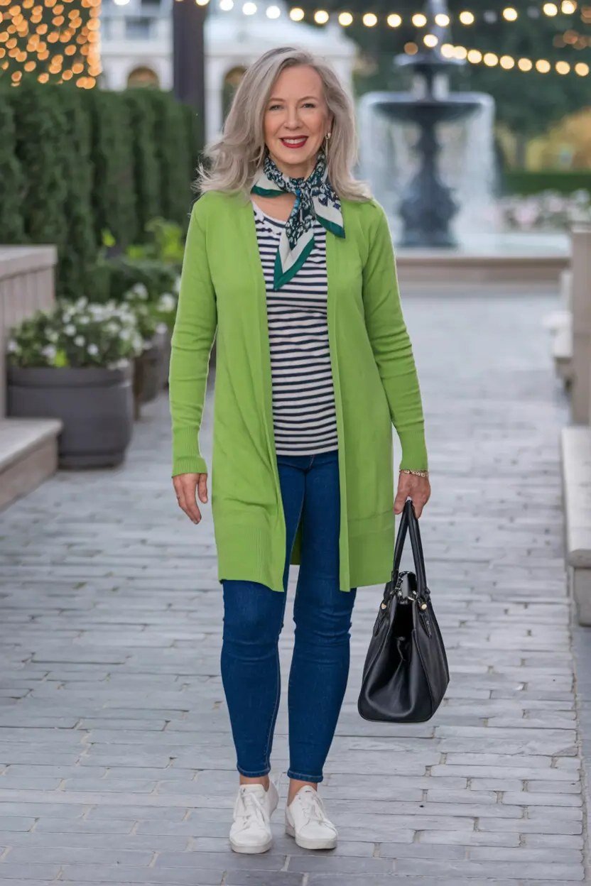 Long green cardigan, striped top, jeans, casual outfit for women over 50