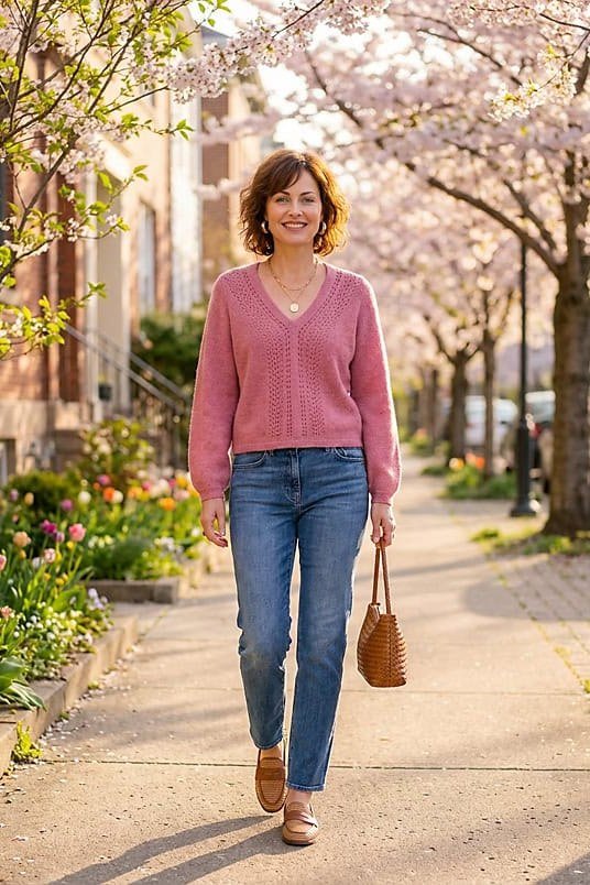 Pink sweater, medium jeans, cherry-blossom street, casual outfit for women over 50
